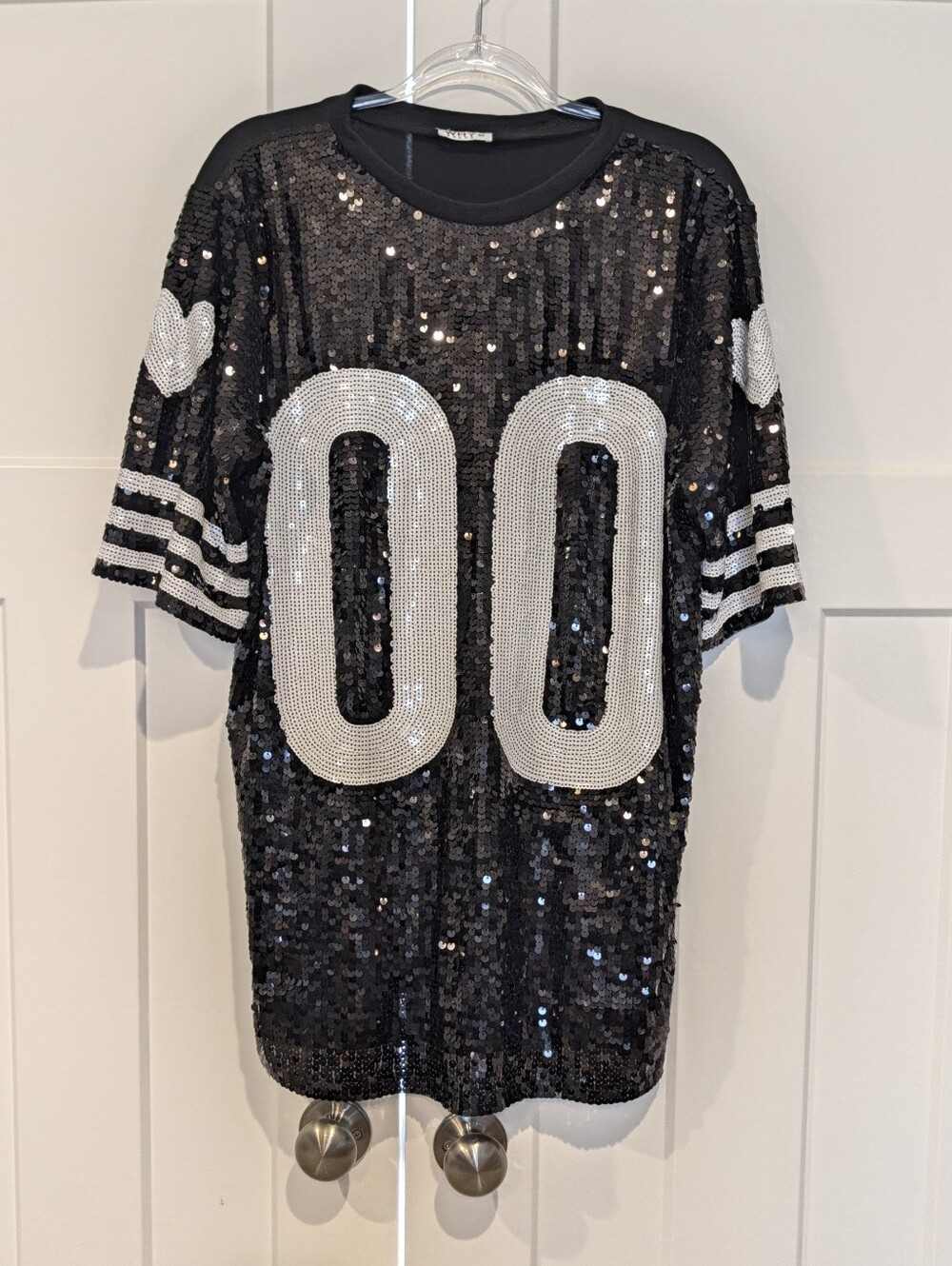 Black Sequin Short-Sleeve Football Tee with Silver '00' Detail